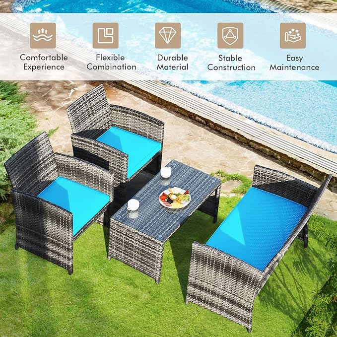 Goplus 4-Piece Rattan Patio Furniture Set, Outdoor Wicker Conversation Sofa with Weather Resistant Cushions and Tempered Glass Tabletop for Lawn Backyard Pool Garden (Turquoise)