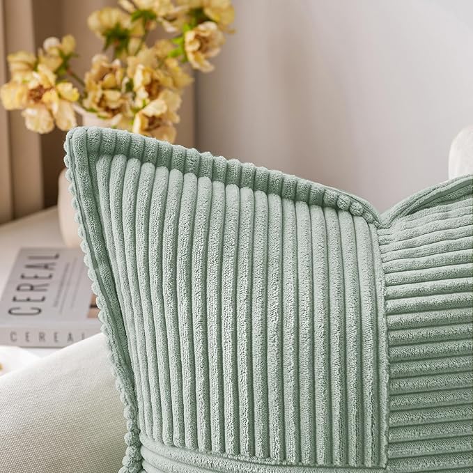 MIULEE Decorative Throw Pillow Covers for Couch Bed Livingroom 16x16 Inch Set of 2 Greyish Green Boho Accent Throw Pllows Broadside Striped Patchwork Soft Corduroy Summer Pillowcases