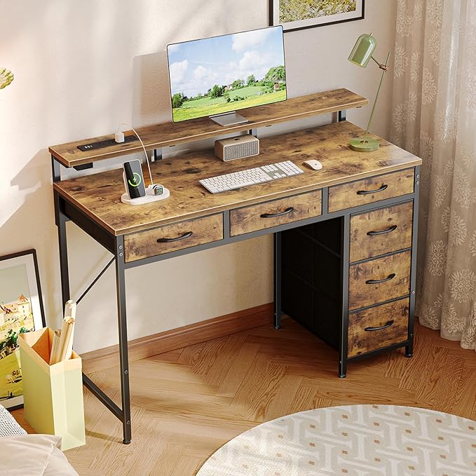 Huuger Gaming Desk with 6 Drawers, Computer Desk with LED Lights Power Outlets and Type-C, 39 Inch Office Desk with Storage, Monitor Stand, Writing Desk Work Desk Home Office, Study, Rustic Brown