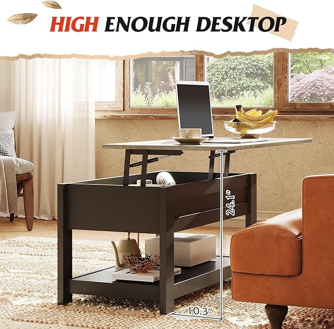 WLIVE Coffee Table, 39" Lift Top Coffee Table with Hidden Compartment and Storage Shelf for Living Room,Greige