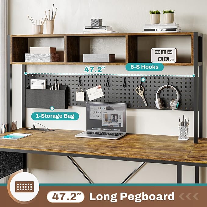SEDETA L Shaped Computer Desk, Reversible Corner Desk with Power Outlet and Pegboard, Computer Desk with Led Lights, Keyboard Tray, Headphone Hook and Storage Shelves, Rustic Brown