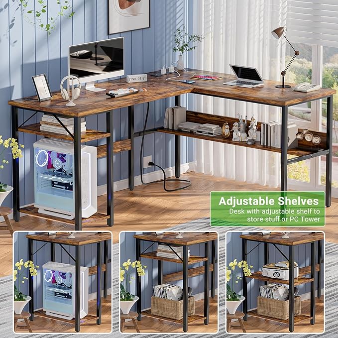 Unikito L Shaped Computer Desk with Magic Power Outlets and USB Charging Ports, Sturdy Reversible Corner Desk with Storage Shelves, Modern Work Desk for Home Office, Easy to Assemble, Rustic Brown