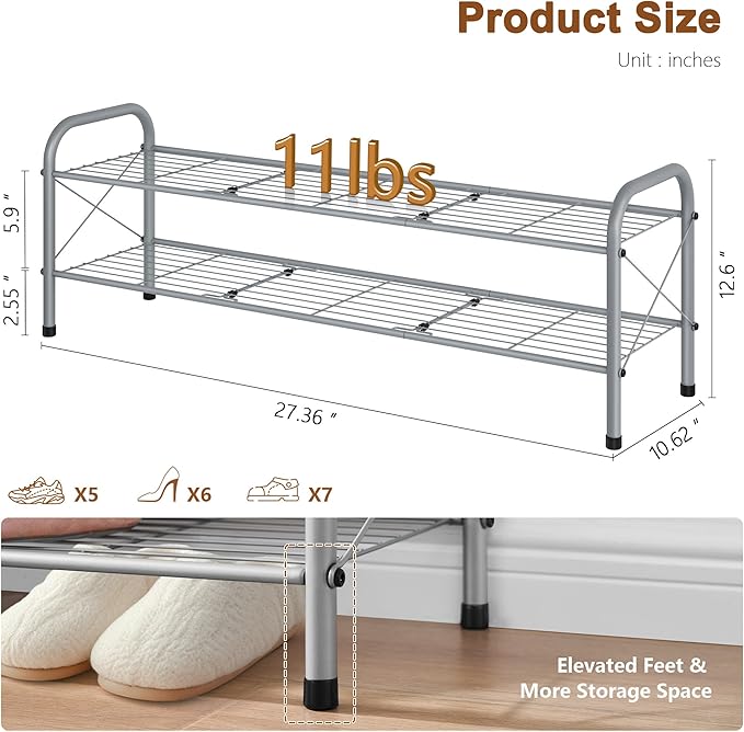 Hoctieon 2 Tier Shoe Rack for Closet, Durable Mesh Style Shoe Rack, Entryway Shoe Shelf, Shoe Storage Organizer for Hallway, Bedroom, Living Room, Wardrobe, Grey