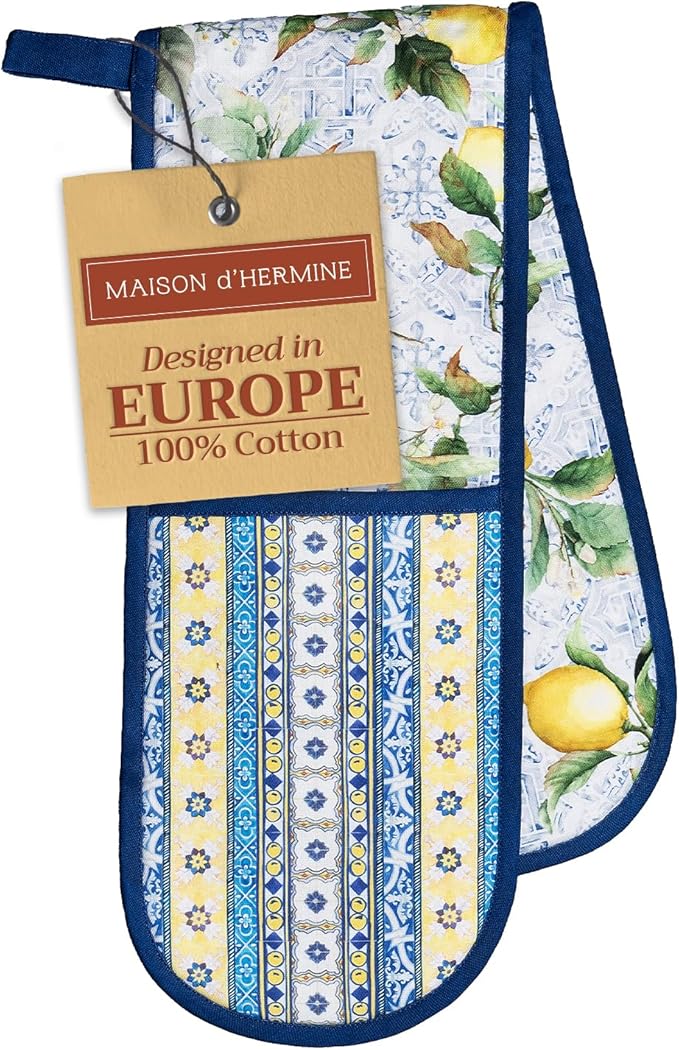 Maison d' Hermine Double Oven Mitts 100% Cotton 7"x35" Double Oven Mitt Heat Resistant BBQ Cooking Gloves with Loop, Baking, Grilling, Home, Kitchen, Handling Hot Pans Spring Summer (Citrus)