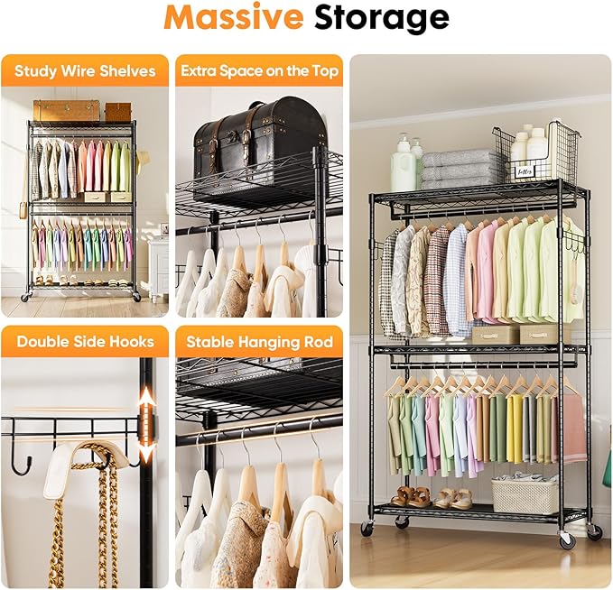 Sweetcrispy Rolling Clothes Rack, Heavy Duty Garment Racks 3 Tiers Portable Adjustable Wire Shelves with Wheels, Hanging Rods, Hooks Freestanding Clothing Wardrobe Closet (17.7"L x 47.2"W x 80.3"H)