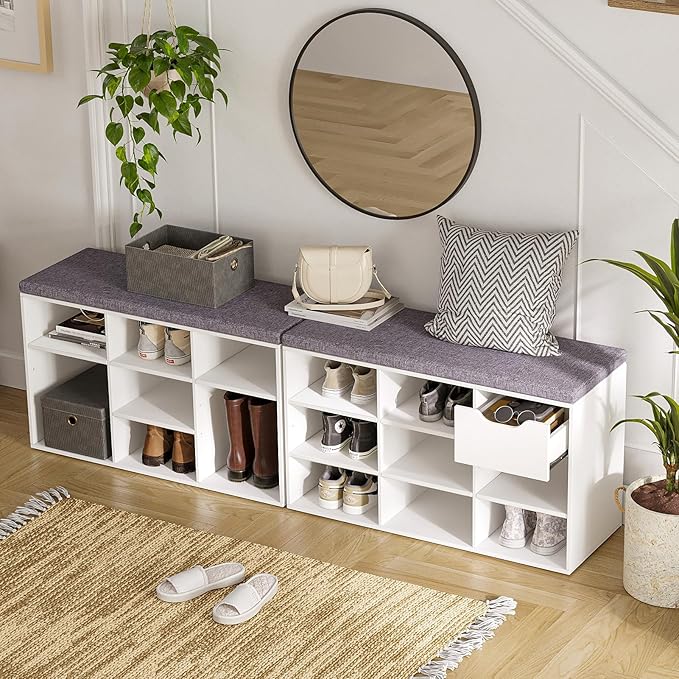 DINZI LVJ Shoe Storage Bench with Cushion, Cubby Shoe Rack with 9 Cubbies, Adjustable Shelves, Multifunctional Shoe Organizer Bench for Entryway, Mudroom, Hallway, Closet and Garage, White