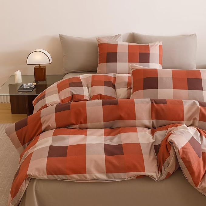Orange Beige Checkered Comforter Set King Size Brown Plaid Bedding with Matching Pillows Modern Minimalist Bedroom Decor Soft & Breathable, King Size