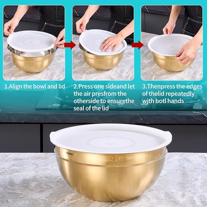 4 Piece Gold Mixing Bowls With Lids for Kitchen, Stainless Steel Set Ideal for Baking, Prepping, Cooking and Serving Food, Nesting Metal Bowls for Space Saving Storage