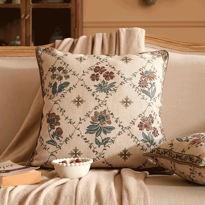 patdrea Designer Throw Pillow Covers Set of 2,Square Euro Retro Style Light Brown Linen with Floral Pattern Pillow Cover,Decorative Pillowcases Cushion for Bed Living Room Outdoor Car,18"x18"