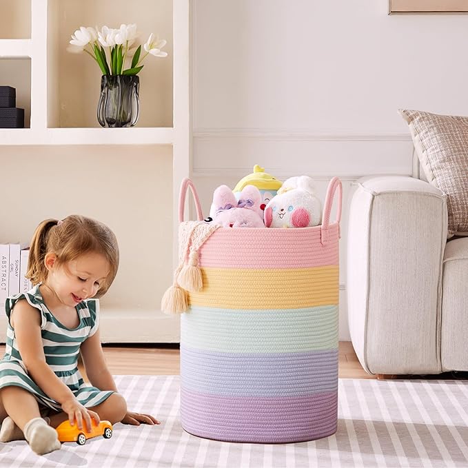 15Dx20H inches Baby Girls Kids Hamper Rainbow Laundry Basket for Nursery Clothes Pastel Unicorn Woven Hamper in Playroom Bedroom 60L Large Tall Blanket Basket for Toy Storage