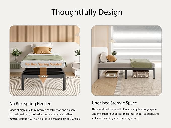 Black Twin Bed Frames 12 Inch, Metal Bed Frame Twin Size No Box Spring Needed, DIY Headboard Holes, Heavy Duty Steel Support 3500 LBS, Noiseless, Round Corner Leg, Storage Space, Easy Assembly