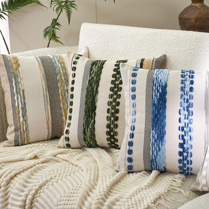 Aeckself Boho Throw Pillow Covers 18x18 Inch Set of 2, Farmhouse Decorative Striped Square Pillow Covers Chenille Tufted Pillow Cases Accent Neutral Pillowcase for Living Room Couch Bed, Yellow-Gray