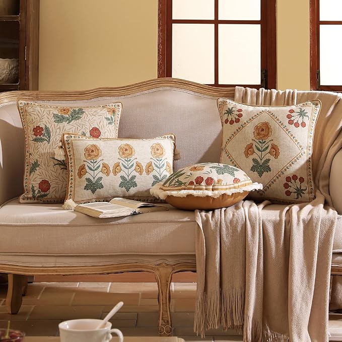 patdrea Designer Throw Pillow Covers for Couch 18"x18",Vintage French Linen Pillows Cover with Daisy Floral Pattern,Beige Soft Farmhouse Decorative Square Cushion for Bed,Outdoor,Set of 2