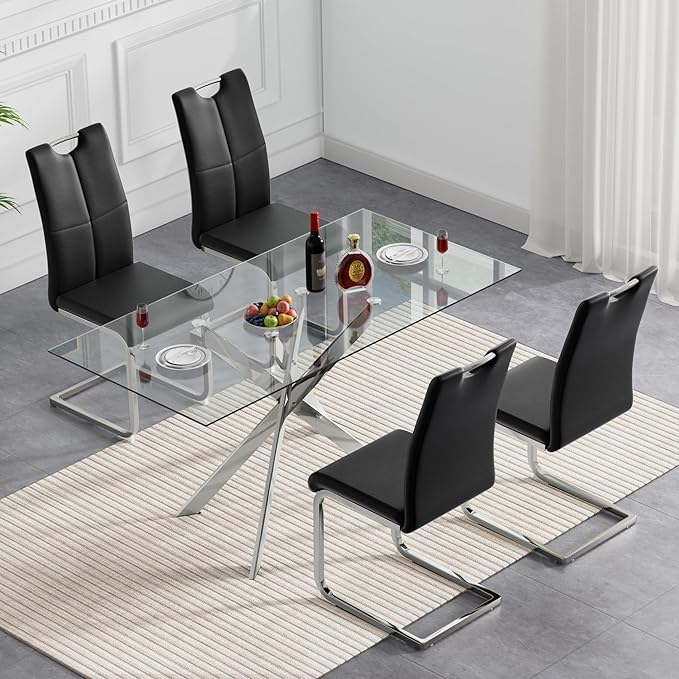 SSLine 51'' Silver Glass Dining Table Set for 4,5 Piece Kitchen Table and Chairs Set with Metal Legs and 4 PU Leather Dining Chairs for Kitchen Room Small Spaces