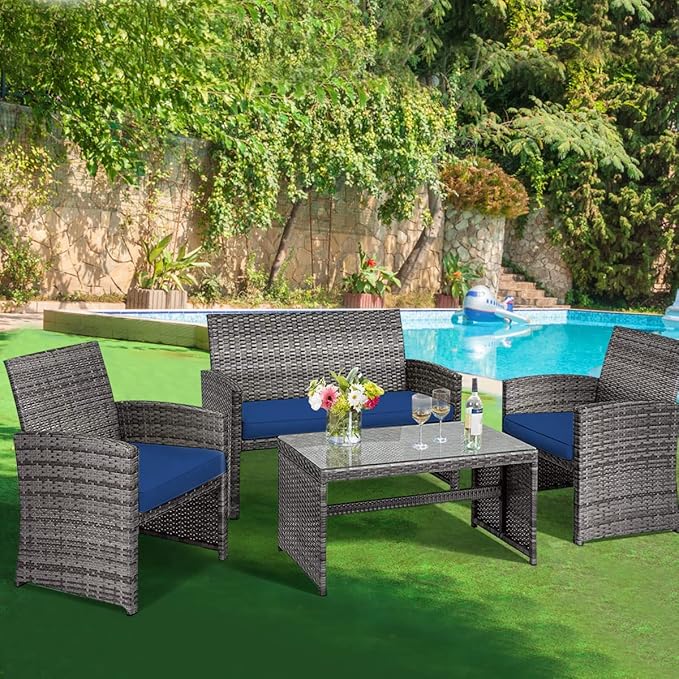 Tangkula 4 PCS Wicker Patio Conversation Set, Outdoor Rattan Sofas with Table Set, Patio Furniture Set with Soft Cushions & Tempered Glass Coffee Table for Poolside Balcony