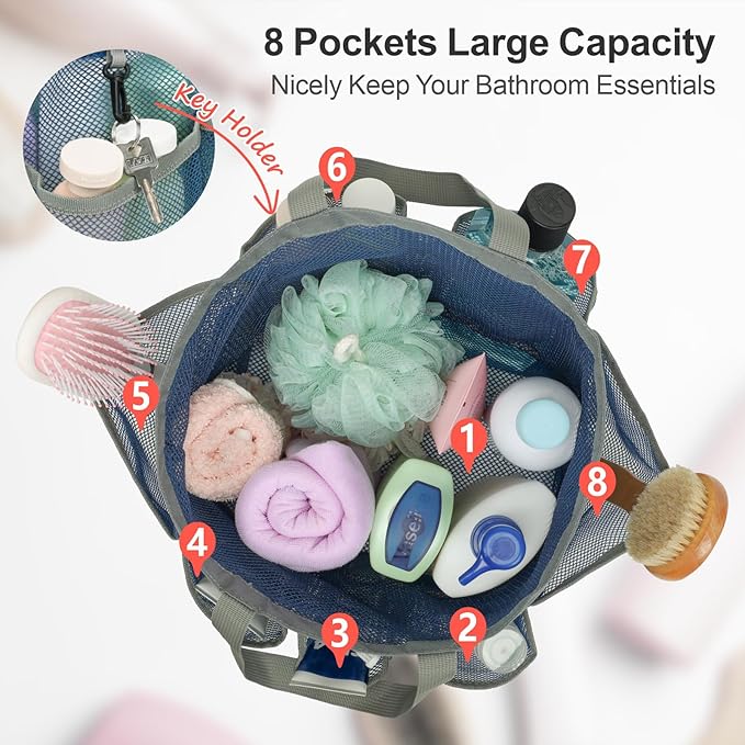 F-color Mesh Shower Caddy Portable with Drawstring - Upgrade Deeper 7 Pockets Dorm Room Essentials for Guys Girls with S Hook, Shower Bag Basket Tote for College Camping Toiletry Bathroom, Blue