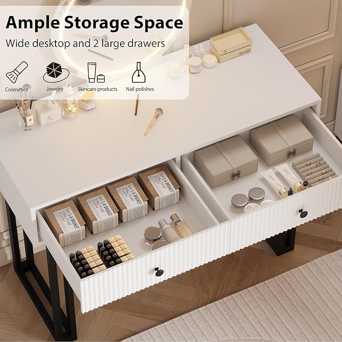 IDEALHOUSE Vanity Desk with Mirror and Lights, 49.2”H Makeup Vanity with 3 Color Lights and Adjustable Brightness, Bedroom Vanity Table with 2 Drawers, White