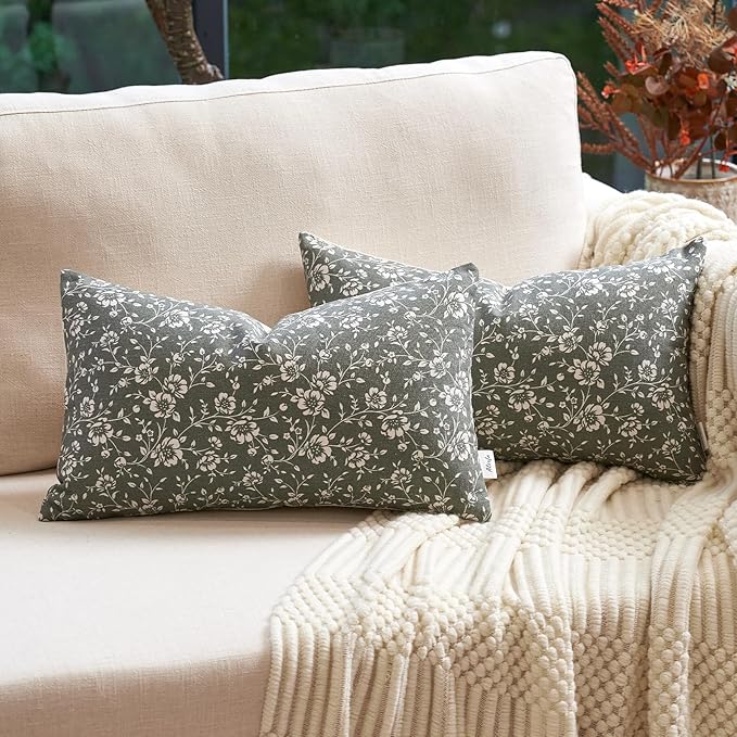 Alerfa Set of 2 Floral Lumbar Pillow Covers 12x20, Vintage Block Print Throw Pillow Covers Decorative Farmhouse Accent Couch Pillows for Living Room Bedroom, Dark Olive-Green
