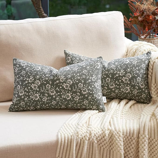 Alerfa Set of 2 Floral Lumbar Pillow Covers 12x20, Vintage Block Print Throw Pillow Covers Decorative Farmhouse Accent Couch Pillows for Living Room Bedroom, Dark Olive-Green