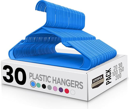 Utopia Home Clothes Hangers 30 Pack - Plastic Hangers Space Saving - Durable Coat Hanger with Shoulder Grooves (Blue)