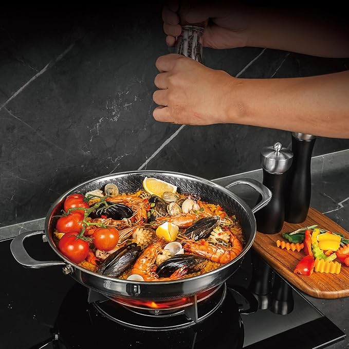 Hybrid Nonstick Skillet with Lid 12 Inch, Stainless Steel Paella Pan with Two Handles Multi-Functional Pan Dishwasher and Oven Safe
