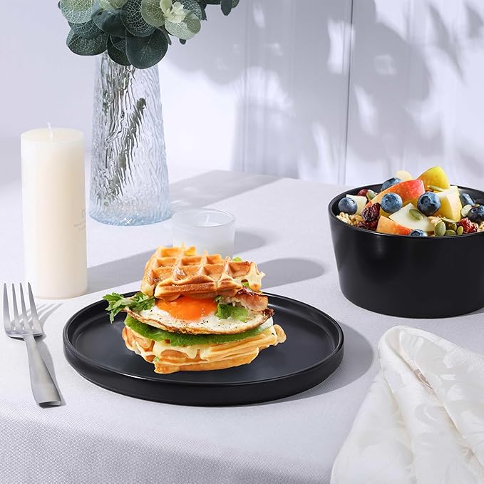 Herogo 24 Pieces Stoneware Dinnerware Set, Service for 8, Dinner Plates and Bowls Sets, Double Reactive Glaze Dishes Set for Kitchen, Scratch Resistant, Dishwasher Safe, Matte Black