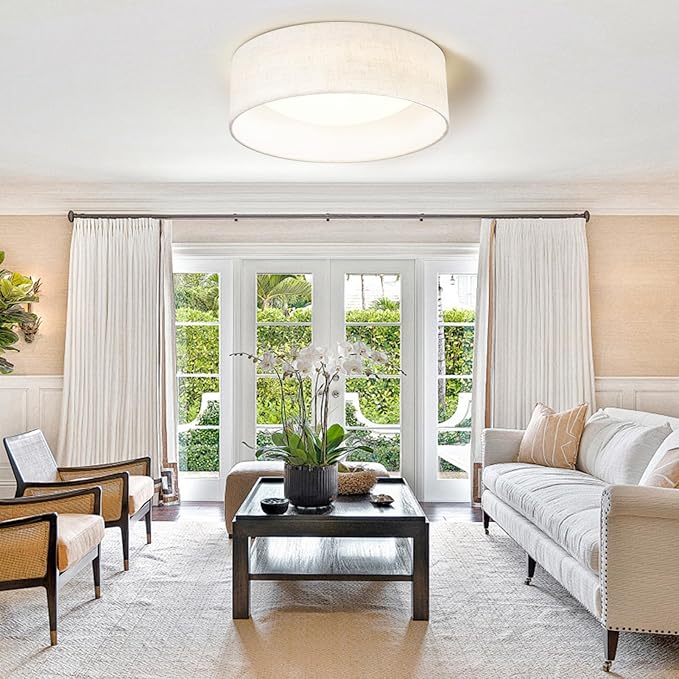 Hamilyeah LED Flush Mount Ceiling Light with Fabric Shade, 12 inch Kitchen Lighting Fixture Ceiling Mount 5CCT, Dimmable Beige Linen Ceiling Lighting Fixture 24W for Bedroom,Living Room, Kitchen