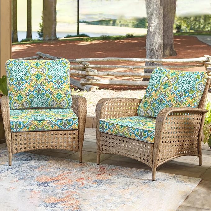 Outdoor Deep Seat Cushions Set 24 x 24 Inch for Patio Furniture,Water Resistant Chair Cushions Replacement Includes Seat Cushion & Back Pillow for Couch Sofa, Wicker Chair - Damask Green