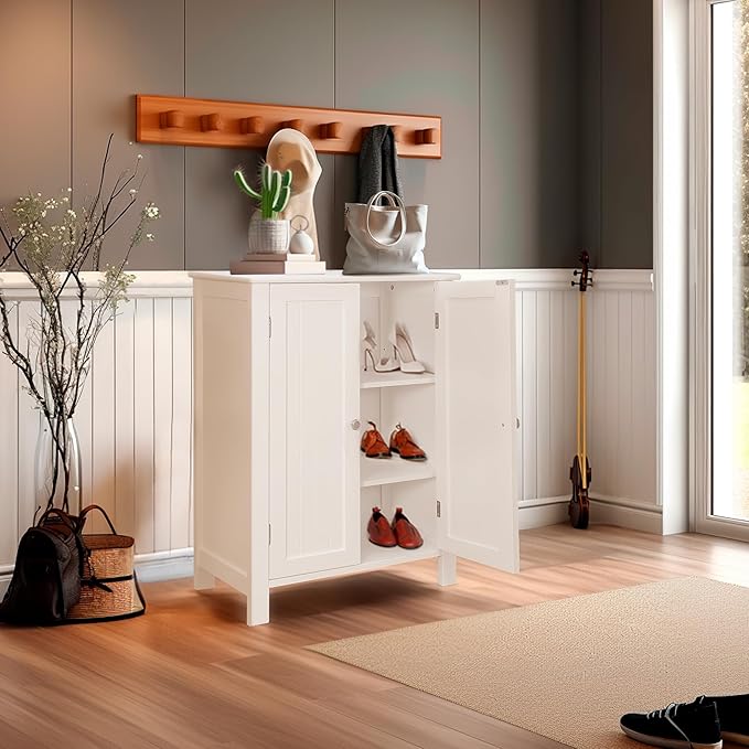 ZENY Bathroom Floor Storage Cabinet with Double Door + Adjustable Shelf, Wooden Organizer Cabinet for Living Room, Bathroom, Bedroom, Modern Home Furniture (White)