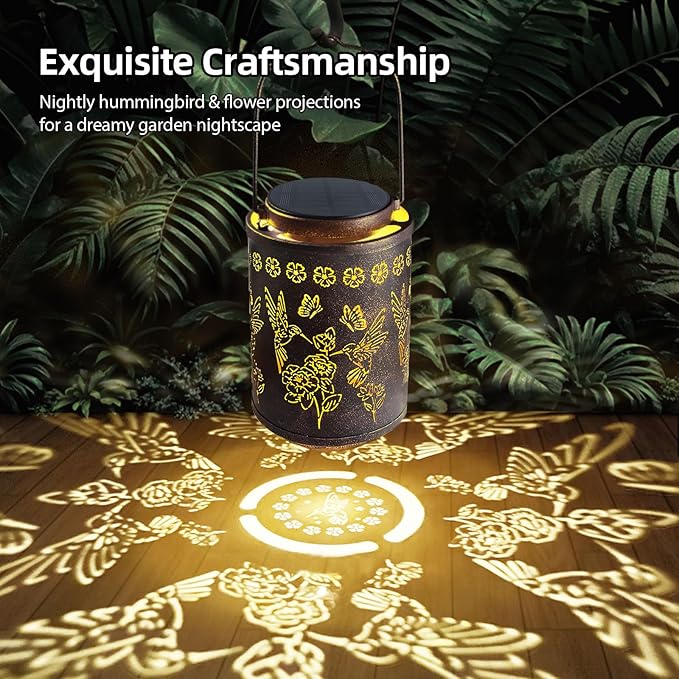 Upgraded Solar Hummingbird Lights for Outside Garden Decor Gifts for Women Mom Grandma, Metal Hanging Solar Lanterns Outdoor Waterproof with Copper Finish Lantern for Patio, Yard, Porch, Pathway