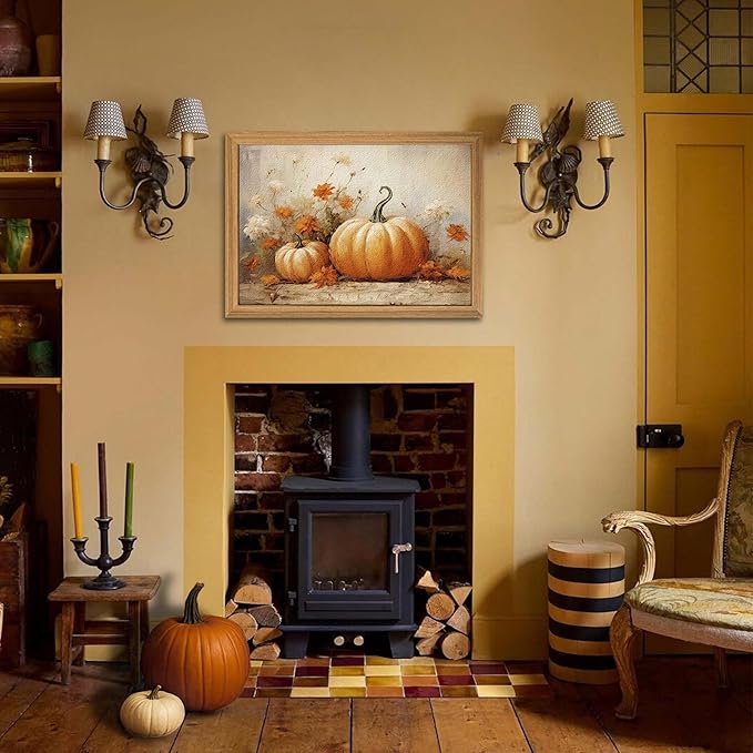 Framed Vintage Halloween Pumpkin Wall Art – 3D Texture Harvest Pumpkins Pictures Fall Wall Decor for Living Room, Rustic Autumn Pumpkin Art Prints for Kitchen, Bedroom, Home or Party – 16x24in