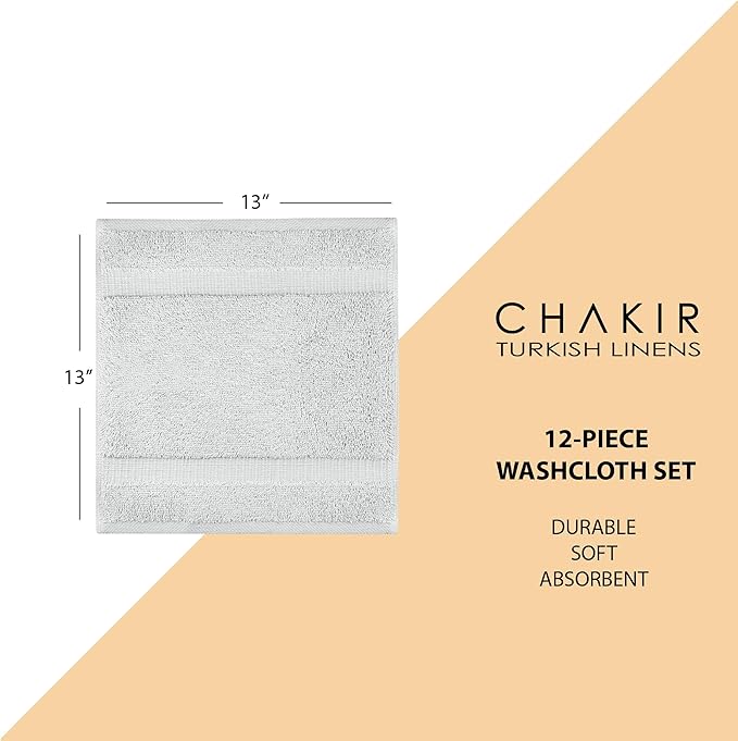 Chakir Turkish Linens Premium Cotton Absorbent Turkish Towels (Washcloths - 12 Piece, Silver Gray)