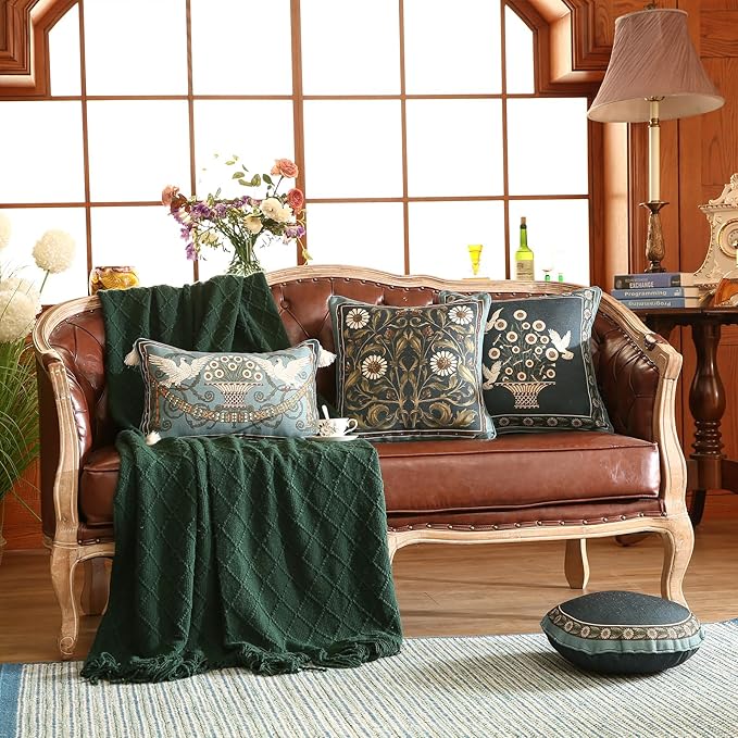 Green Throw Pillow Covers Set of 4,French Farmhouse with White Birds and Flowers Pattern Linen Pillowcases,Decorative Round Square Lumbar Pillows Cushion Covers for Couch Sofa Bed Chair