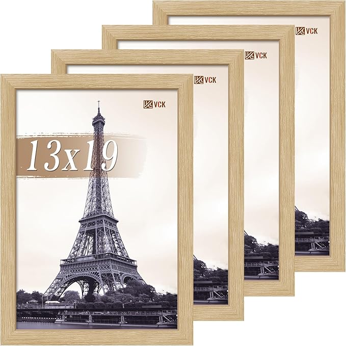 VCK 13x19 Picture Frame Set of 4 - Oak, Gallery-Quality Wood Poster Frames, 1.1-Inch Wide Border, Polished Plexiglass, Vertical or Horizontal Wall Display for Photo/Art/Prints, Natural Oak