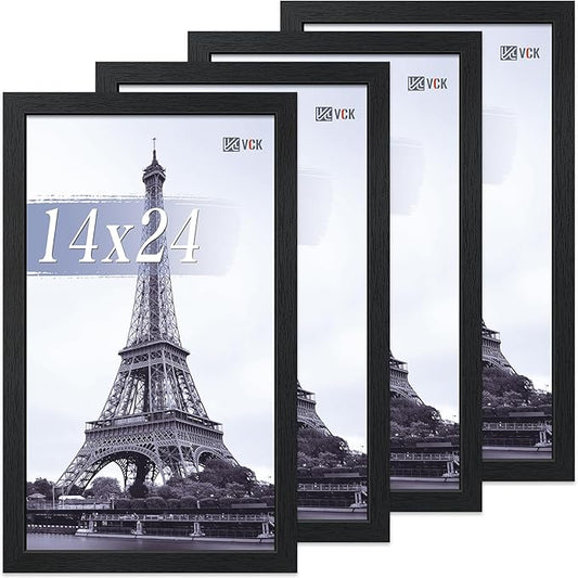 VCK 14x24 Poster Frame Set of 4 - Black, Gallery-Quality Wood Picture Frames, 1.1-Inch Wide Border, Polished Plexiglass, Vertical or Horizontal Wall Display for Photo/Art/Prints, Black
