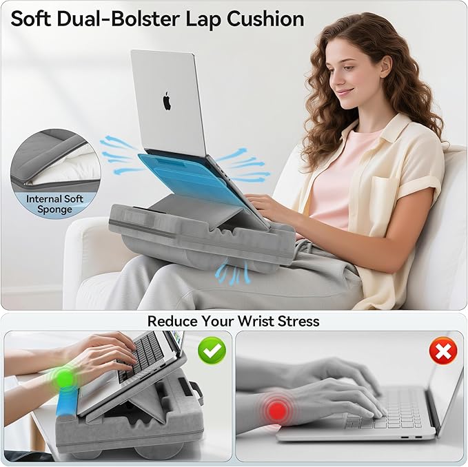 Laptop Lap Desk with Cushion, Adjustable Lap Desk Pillow with Storage, Portable Lap Table for Adults Student, Laptop Stand for Bed Office College Dorm Home Room Couch, Fits Up to 14.9" PC Tablet, Gray