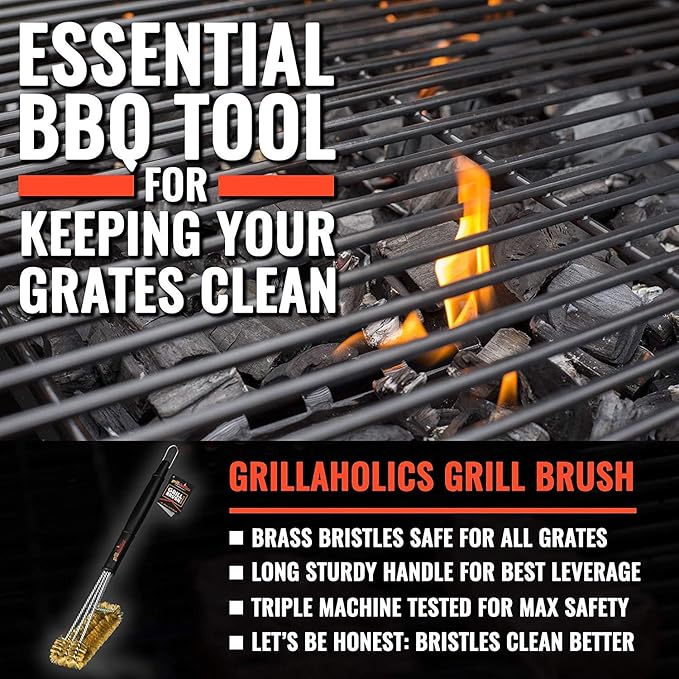 Grillaholics Brass Grill Brush – Safe BBQ Brush for Outdoor Cooking – Heavy-Duty Soft Bristle Grill Cleaning Tool for Porcelain & Ceramic Grates