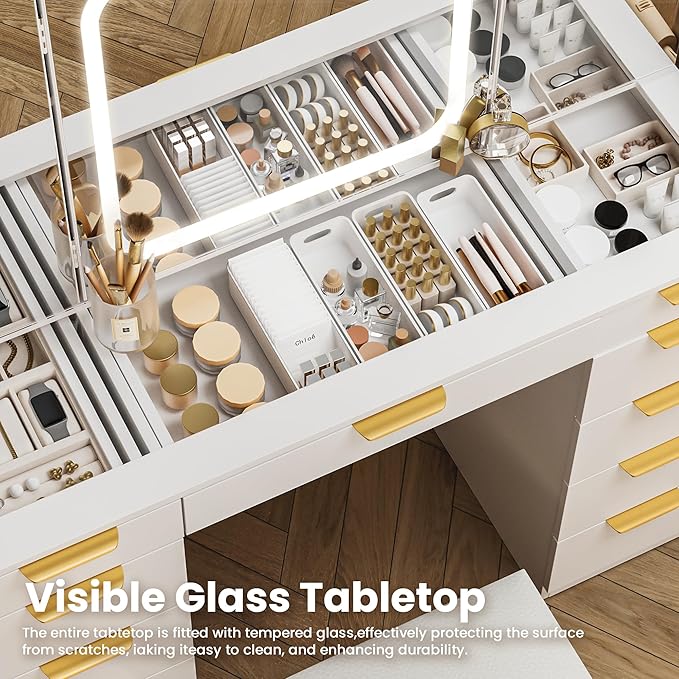 Pamapic 11 Drawers Vanity Desk with Foldable Mirror, Glass Top Makeup Vanity with LED Lights, 3 Lighting Modes, Golden Handles Dressing Table with Chair and Power Outlet