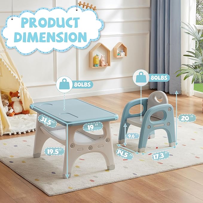 Kids Table and Chair Set, Plastic Children Activity Table with 2 Chairs, Toddler Table and Chair Set for Reading, Drawing, Snack Time, Arts Crafts, Preschool, Gift for Boys Girls