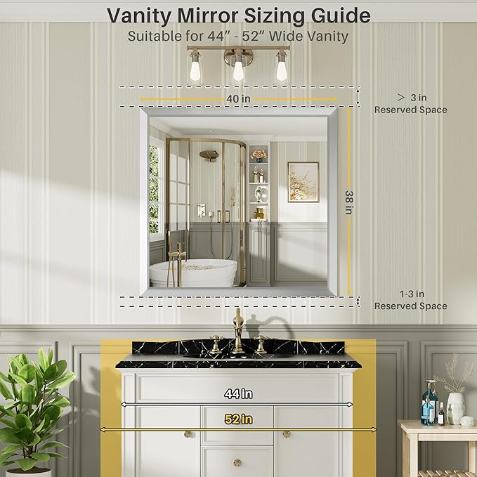 40x38 Inch Silver Bathroom Mirror for Wall, Thick Metal Framed Rectangle Mirrors for Over Sink, Bedroom, Living Room, Entryway, Anti-Rust, HD Tempered Glass