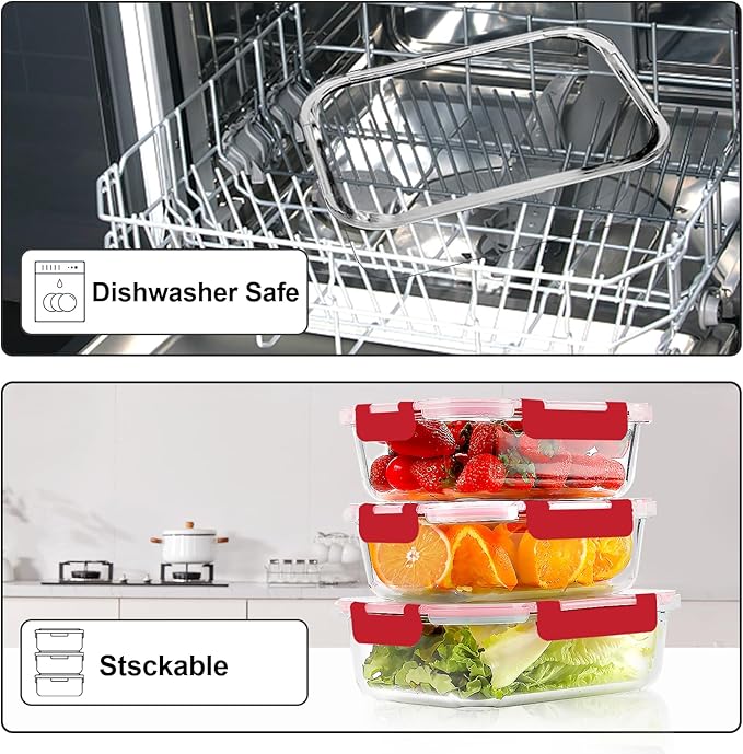 VERONES 10Pack Glass Meal Prep Containers, Airtight Glass Lunch Containers,Stackable Glass Food Storage Containers Set with Lids,Exclusive of BPA, for Microwave,Oven, Freezer&Dishwasher Friendly,Red