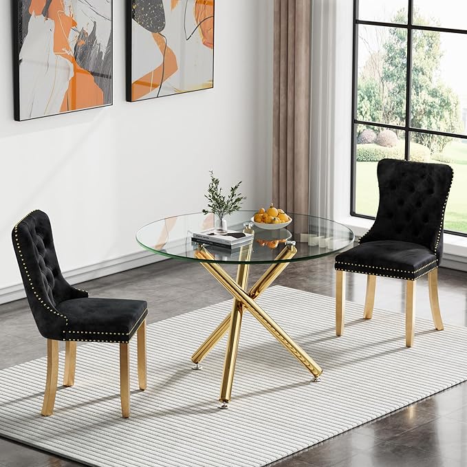 Round Glass Dining Table, Tempered Glass Tabletop and Metal Legs, Modern Style Glass Kitchen Table for Home, Kitchen, Dining Room (Gold, 36'' Round Table)