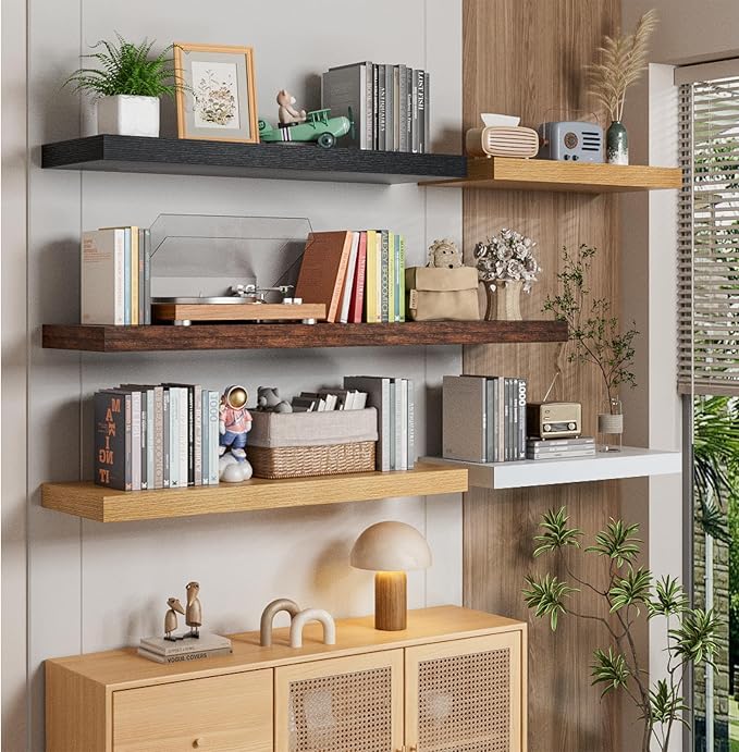 Heimlove 12" Deep Floating Shelves for Wall, 24 Inch Wall Shelf Bathroom Shelves Set of 2, Wall Mounted Shelves for Books Living Room Laundry Room Bedroom Kitchen Home Office, Oak