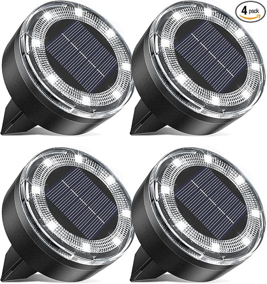 Mini Outdoor Solar Lights，4 Pqck Solar Garden Lights for Outside IP65 Waterproof, 8 LED Disc Landscape Lighting for Garden Yard Driveway Walkway Poolside Deck Lawn Patio,Cold White