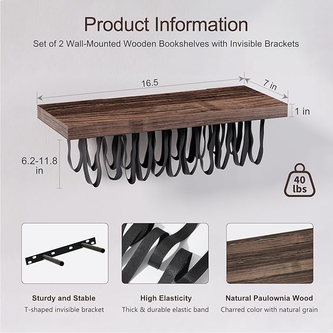 Floating Bookshelves for Wall, Rustic Wood Hanging Wall Bookshelf, Upside Down Book Shelf and Wall Mounted Bookshelves for Home Decor in Bedroom, Living Room, Carbonized, 2 Pack