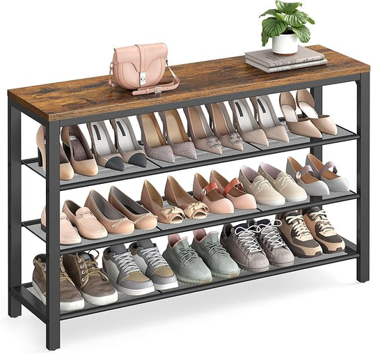 VASAGLE 4 Tier Shoe Rack, Shoe Organizer for Closet, Entryway, 16-20 Pairs of Shoes, Large Shoe Rack Organizer with 3 Metal Mesh Shelves, 11.8 x 39.4 x 28.3 Inches, Rustic Brown and Black ULBS14BX