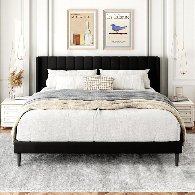 King Size Bed Frame with Wingback Headboard, Upholstered Platform Bed, No Box Spring Needed, Sturdy Wooden Slat Support, Easy Assembly, Black