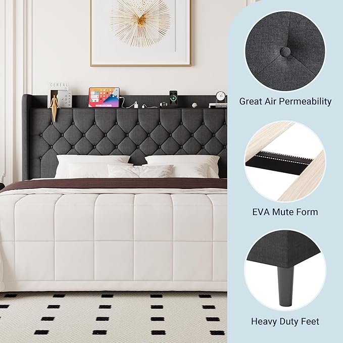 Allewie King Size Bed Frame, Storage Headboard with Charging Station,Wingback Linen Upholstered, Diamond Stitched Button Tufted, Sturdy Wooden Slats, No Box Spring Needed, Easy Assembly, Dark Gray