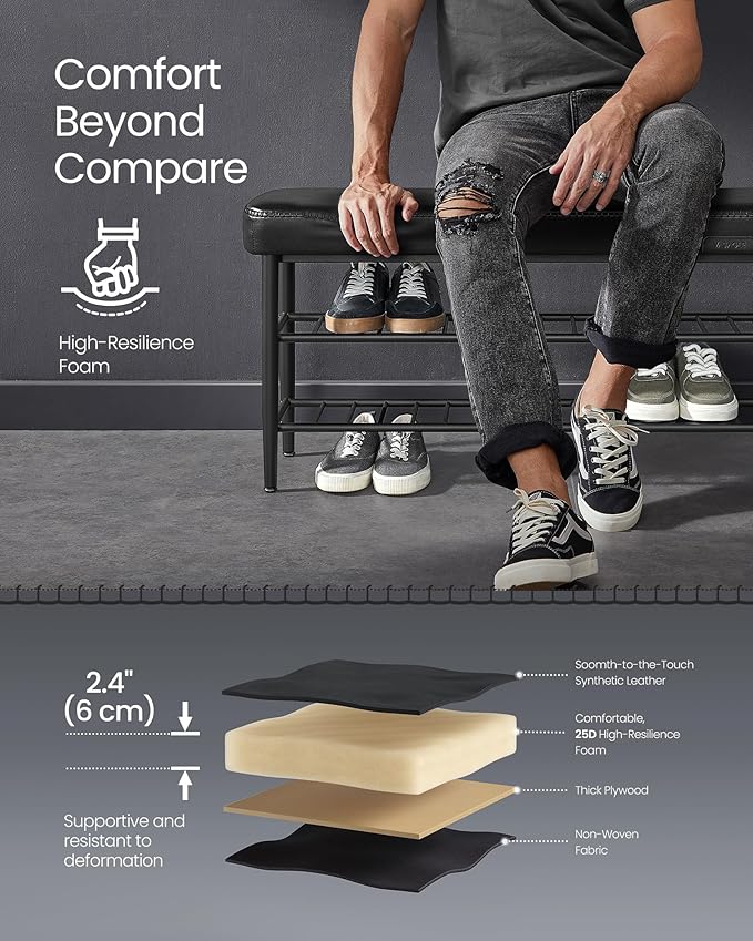 VASAGLE EKHO Collection - Shoe Rack Bench, Storage Bench for Entryway, Synthetic Leather with Stitching, Mid-Century Modern, Loads 300 lb, 11.8 x 39.4 x 19.7 Inches, Ink Black ULSB113B01