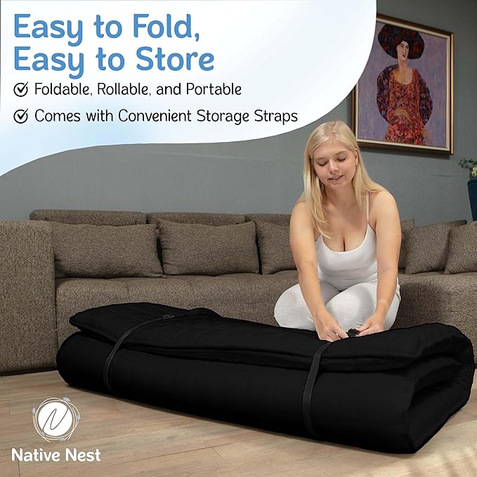 Japanese Futon Floor Mattress - Medium Firm Futon Mattress for Sleeping - Shikibuton - Foldable and Portable Japanese Bed (Black, Full)